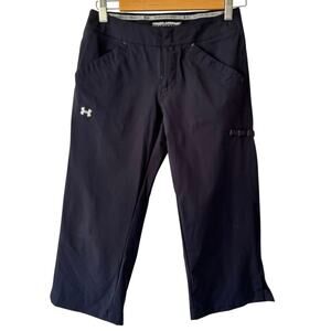 Under Armour Women’s 2 Capri Pants Black Wide Leg Stretch Activewear Pockets EUC